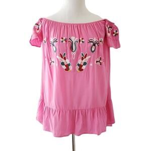 NEW Velzera Boho Embroidered Peasant Blouse Pink Cotton Women Large